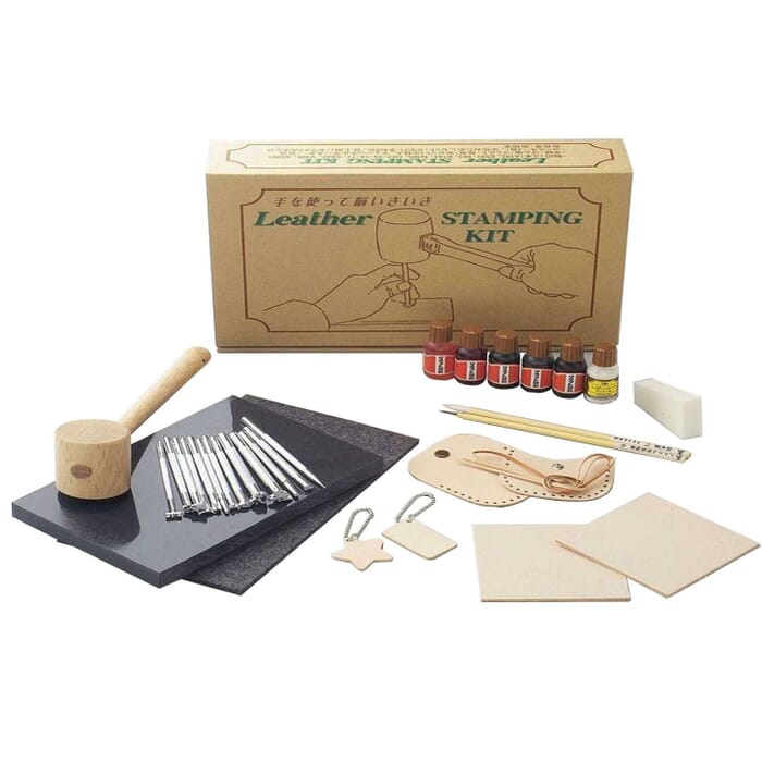 Craft Sha Japanese Leathercraft Stamping Dyeing Starter Kit, with 12 Piece Custom Stamps & 5 Piece Water Based Dyes, for Leatherworking