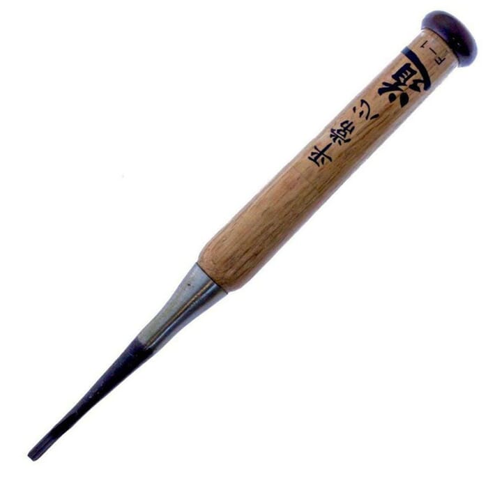 Michihamono Wood Carving Tool Small 3mm F-1 Socket V Gouge Short Bent Parting Chisel, with Oak Handle, to Carve Grooves in Woodworking