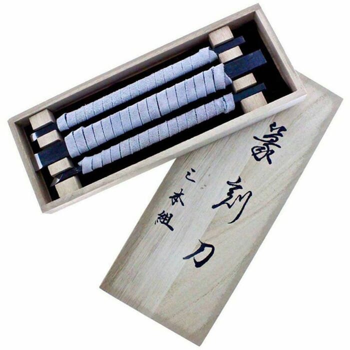 Michihamono Premium 3-Piece Japanese Hanko Stone Carving Tool Kit Flat & Skew Chisel Set, with Wooden Box, to Carve Stone