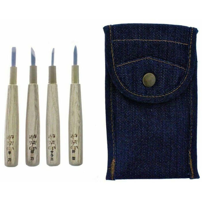 Michihamono Basic 4 Piece Japanese Stamps Hanko General Stone Carving Chisel Tool Kit, with Denim Pouch, to Carve Stone & PMC