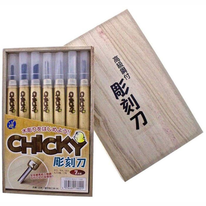 Michihamono 7-Piece Chicky Basic Japanese Wood Carving Tool Kit Woodworking Gouges & Chisels Set, with Wooden Box, for Woodcarving