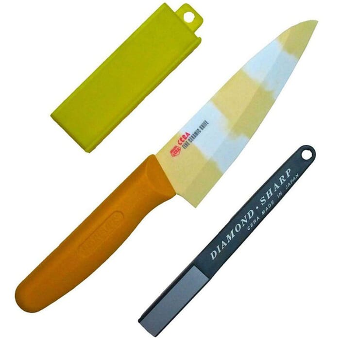 Forever Cera SC14YW Yellow Ceramic Kitchen Knife 14cm & Sharpener Made in Japan