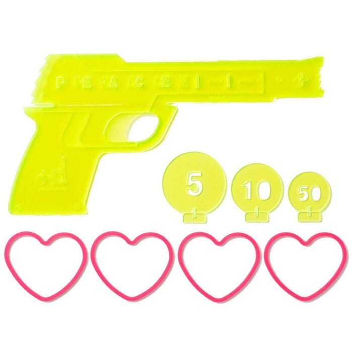 +d H-Concept Love & Peace Gun 4 Shot Neon Yellow Semiauto Rubber Band Toy Gun 208×105×5.5mm, with 3pc Targets
