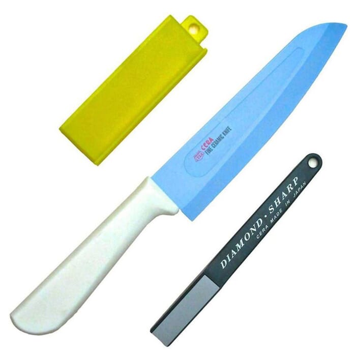 Forever Cera SSP101LBL-W Japanese Santoku General Purpose Ceramic Kitchen Knife 16.5cm, with Sharpener, for Cutting & Slicing