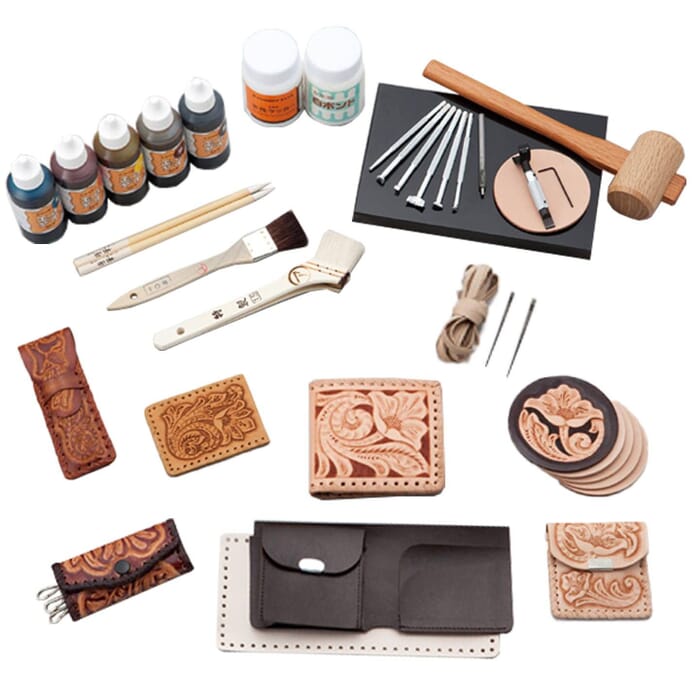 Kyoshin Elle Leathercraft Basic Set Leather Lacing Dyeing Stamping Kit, with Assorted Leather, for Making Wallet, Purses, & Holder