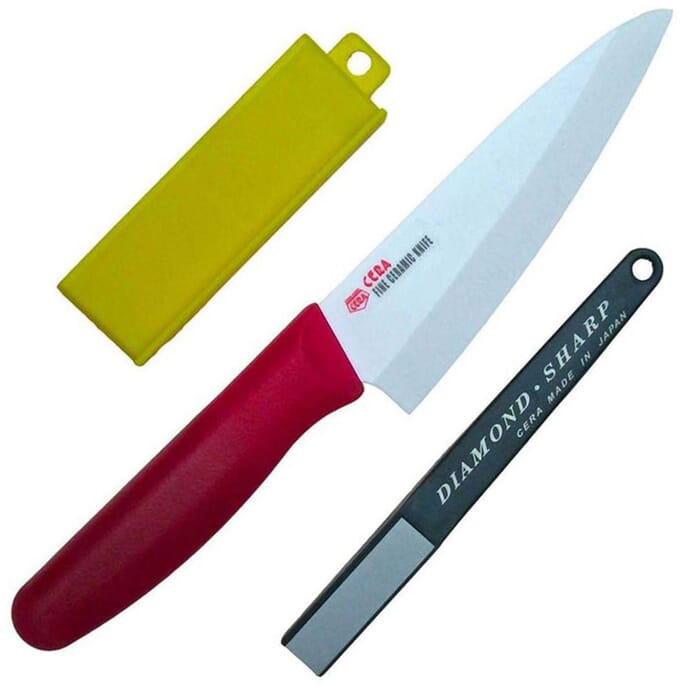 Forever Cera SC14WP General Purpose Japanese Fine Ceramic Kitchen Knife Red 14cm, with Sharpener, for Cutting & Slicing