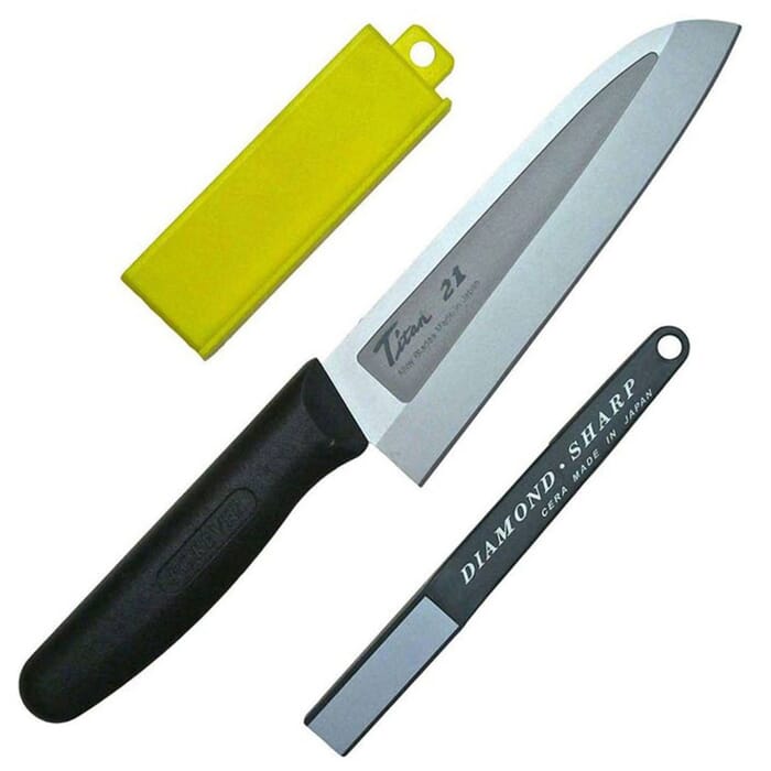 Forever Cera TS2011BK Titan 21 Japanese Santoku General Purpose Titanium Kitchen Knife 16cm, with Sharpener, for Cutting & Slicing