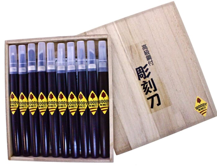 Michihamono 10-Piece Japanese Woody Basic Wood Carving Tool Kit Woodworking Gouges & Chisels Set, with Wooden Box, for Woodcarving