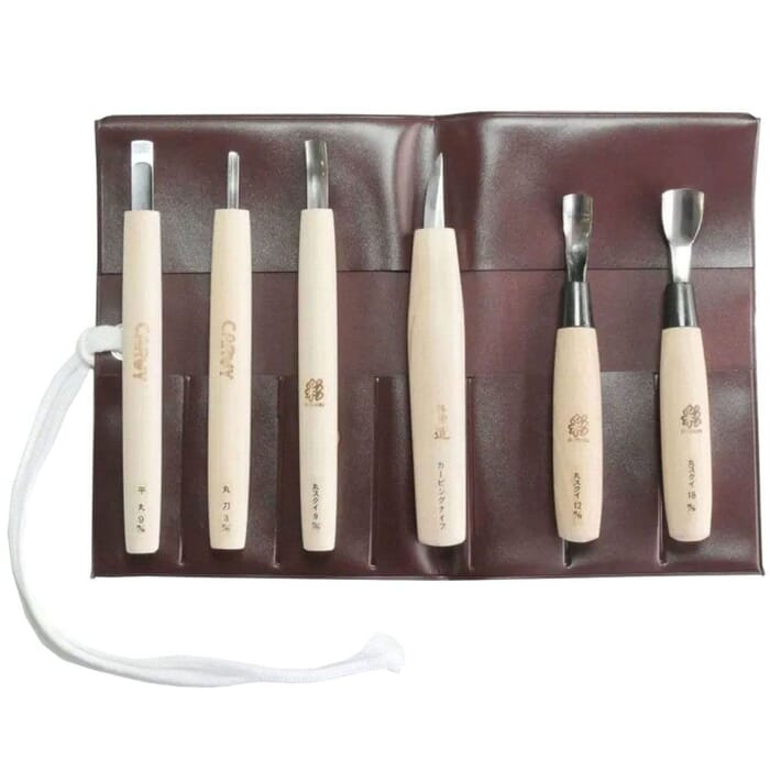 Michihamono 6 Piece Wooden Cutlery Woodcarving Tools Set Woodworking Knife, Gouges, Chisels Kit, with Case, for Carving Spoons & Bowls