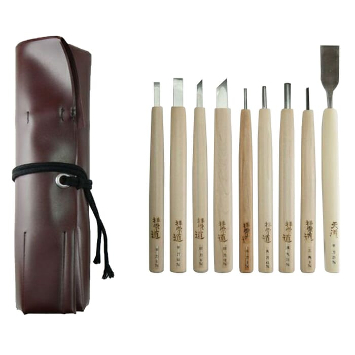 Michihamono Woodworking 9 Piece Woodcarving Tools Gouges & Chisels Starter Set, with Leather Case, for Wood Carving