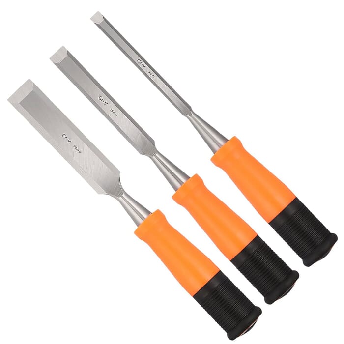 Takagi 3 Piece Set Regular Flat Beveled Woodworking Chrome Vanadium Steel Chisel 9mm, 15mm, & 24mm, for Woodworking