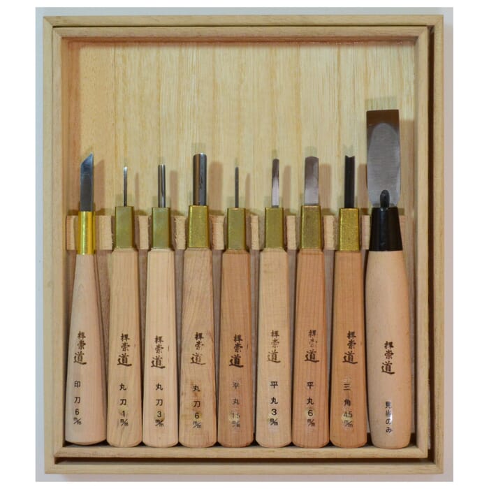 Michihamono 9 Piece Japanese Premium Woodblock Printing Tools Wood Carving Gouges & Chisels Set, with Wooden Box, for Woodworking