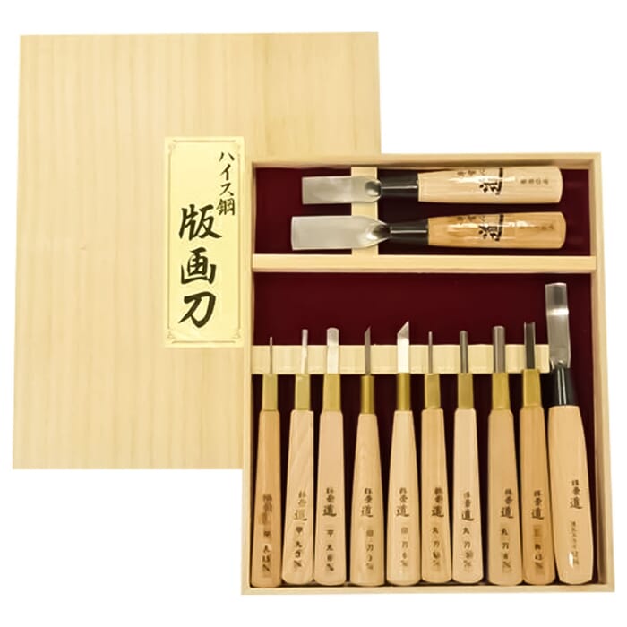 Michihamono 12 Piece Japanese Premium Woodblock Printing Tools Wood Carving Gouges & Chisels Set, with Wooden Box, for Woodworking