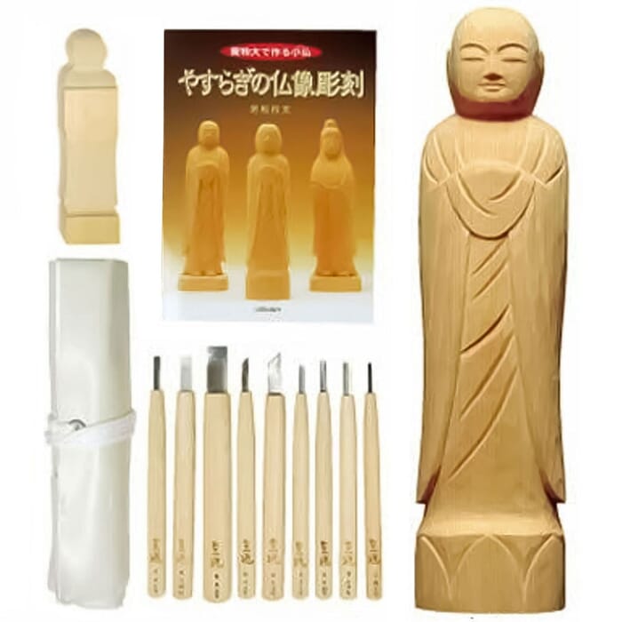 Michihamono Japanese Woodcarving Tools Buddha Sculpture Carving Starter Set, with Book & Woodblock, for Woodworking