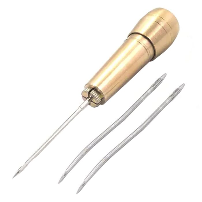 J&D Leathercraft Tool 120mm Brass Handle Leather Sewing Awl Kit, with 3 Interchangeable Needles, for Hand Stitching Leather