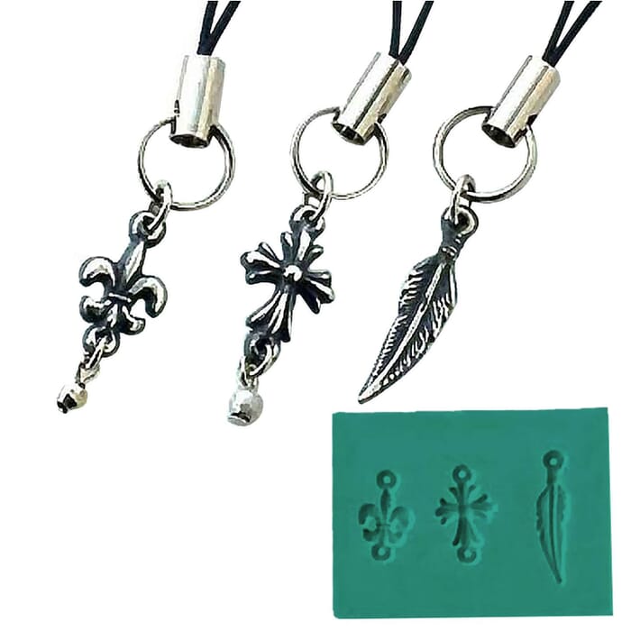 PMC Precious Metal Clay Silver 3-in-1 Molding Tool Cross Feather Pendant Silicone Mold, for Jewelry Making