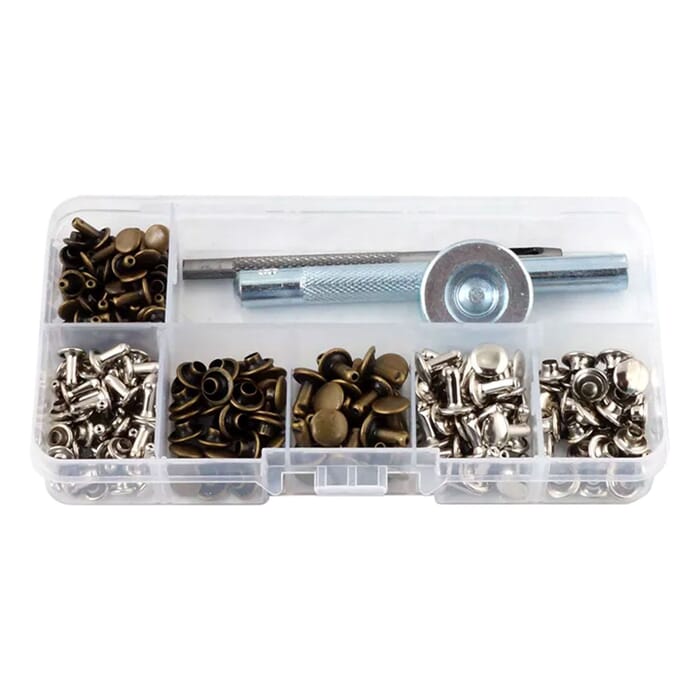120pcs Leathercraft Antique Silver Leather Rivets Setter Hole Punch Tool Kit, 8mm and 6mm rivets in a Plastic Box Set for Leatherworking